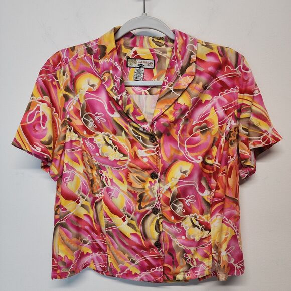 Vintage Caribbean Joe Tropical Button Down Shirt Size M Pink Yellow Rayon Vaca - Picture 1 of 11